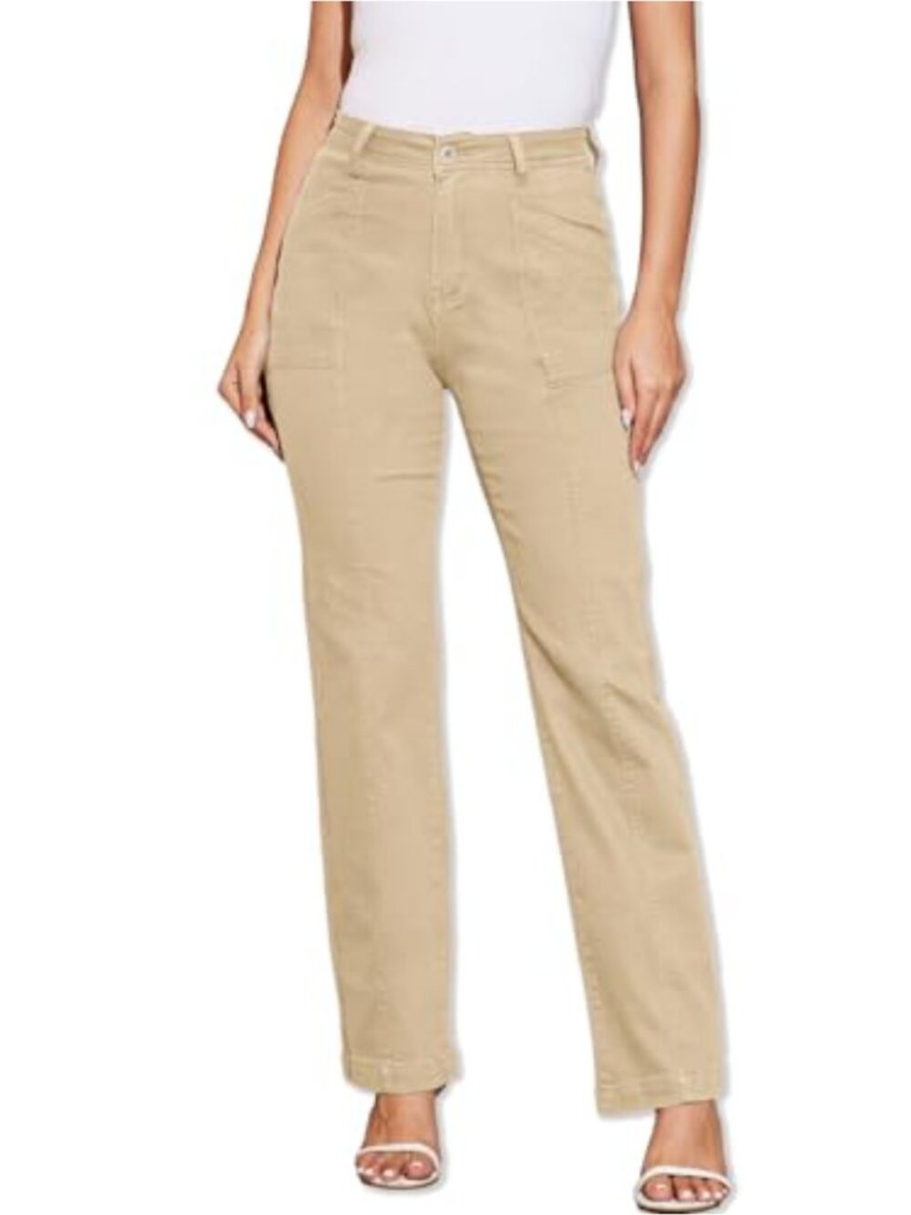 Stretchy Chino Cargo Jeans High Waisted Straight Leg Trousers for Women